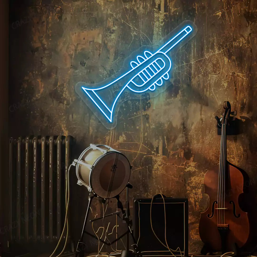 ice blue trumpet neon sign mounted on a wall