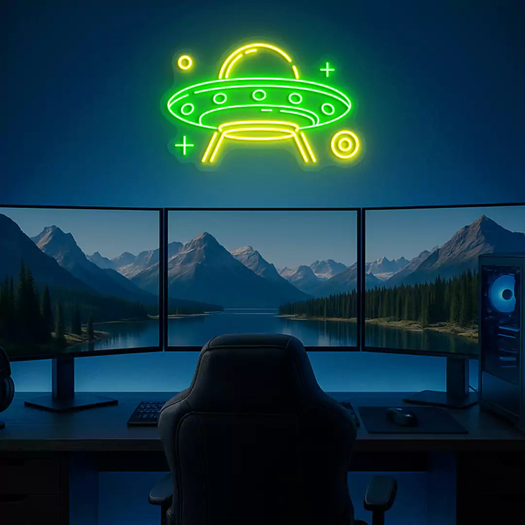 UFO Neon Sign in Yellow and Green Color mounted on wall 