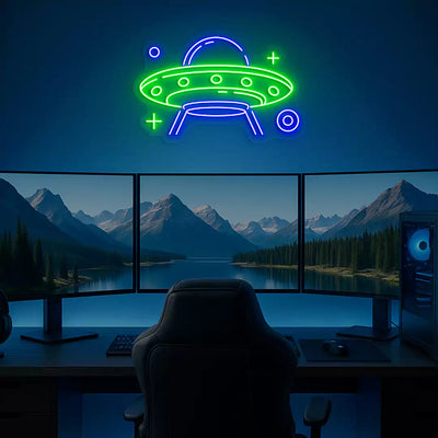 UFO Neon Sign in Blue and Green Color mounted on wall 