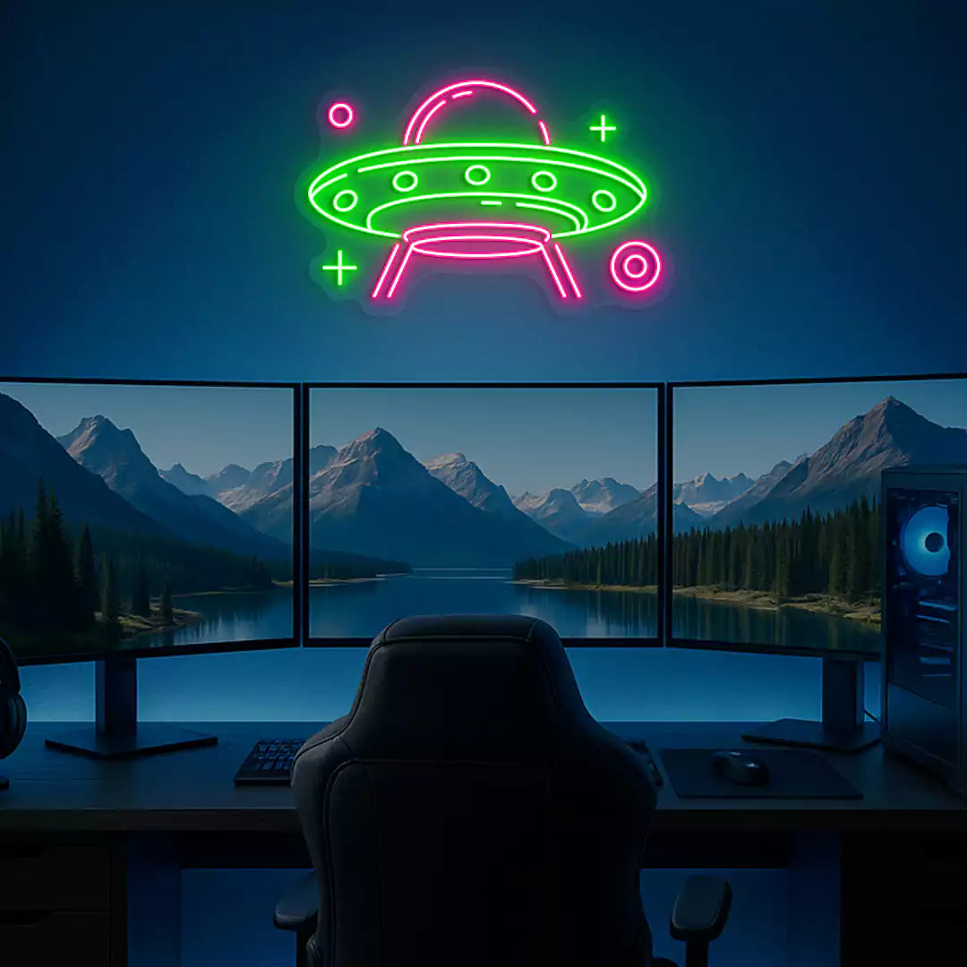 UFO Neon Sign in Pink and Green Color mounted on wall 
