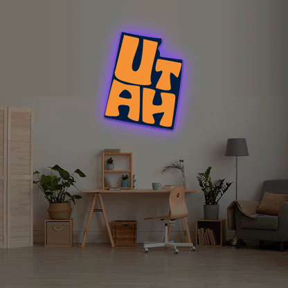 Utah map backlit metal wall art vinyl print with RGB color changing LED backlight
