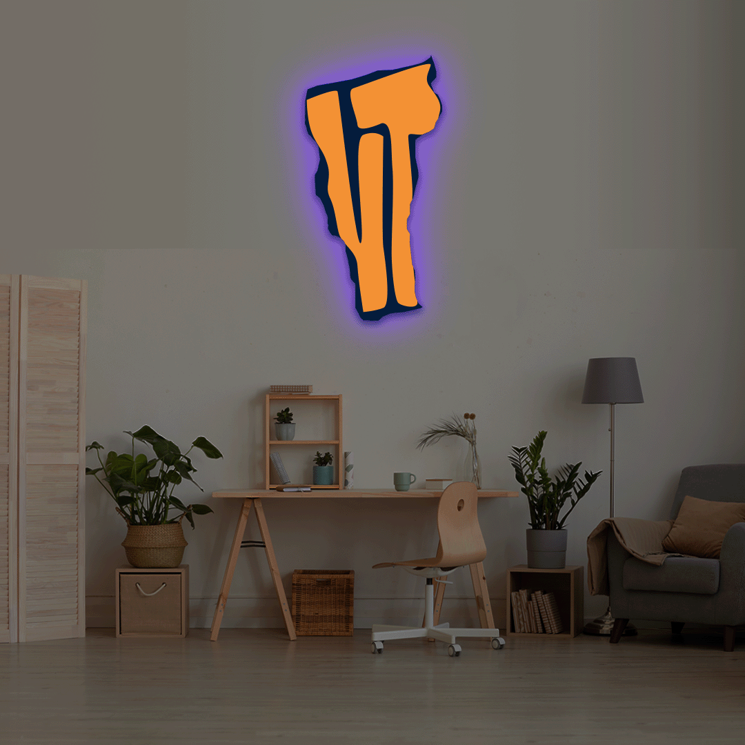 Vermont map backlit metal wall art vinyl print with RGB color changing LED backlight