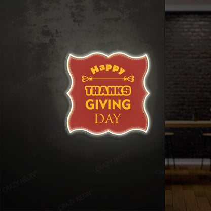 Grateful greetings happy thanksgiving day neon sign in warm white