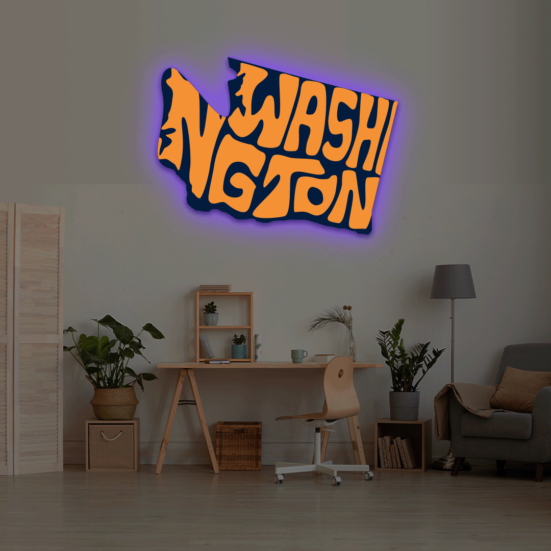 Washington map backlit metal wall art vinyl print with RGB color changing LED backlight