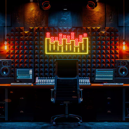 red and yellow sound wave neon sign mounted on a wall