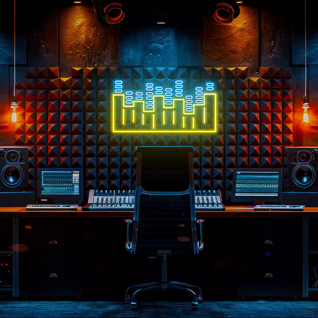 ice blue and yellow sound wave neon sign mounted on a wall