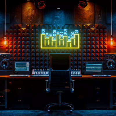 ice blue and yellow sound wave neon sign mounted on a wall