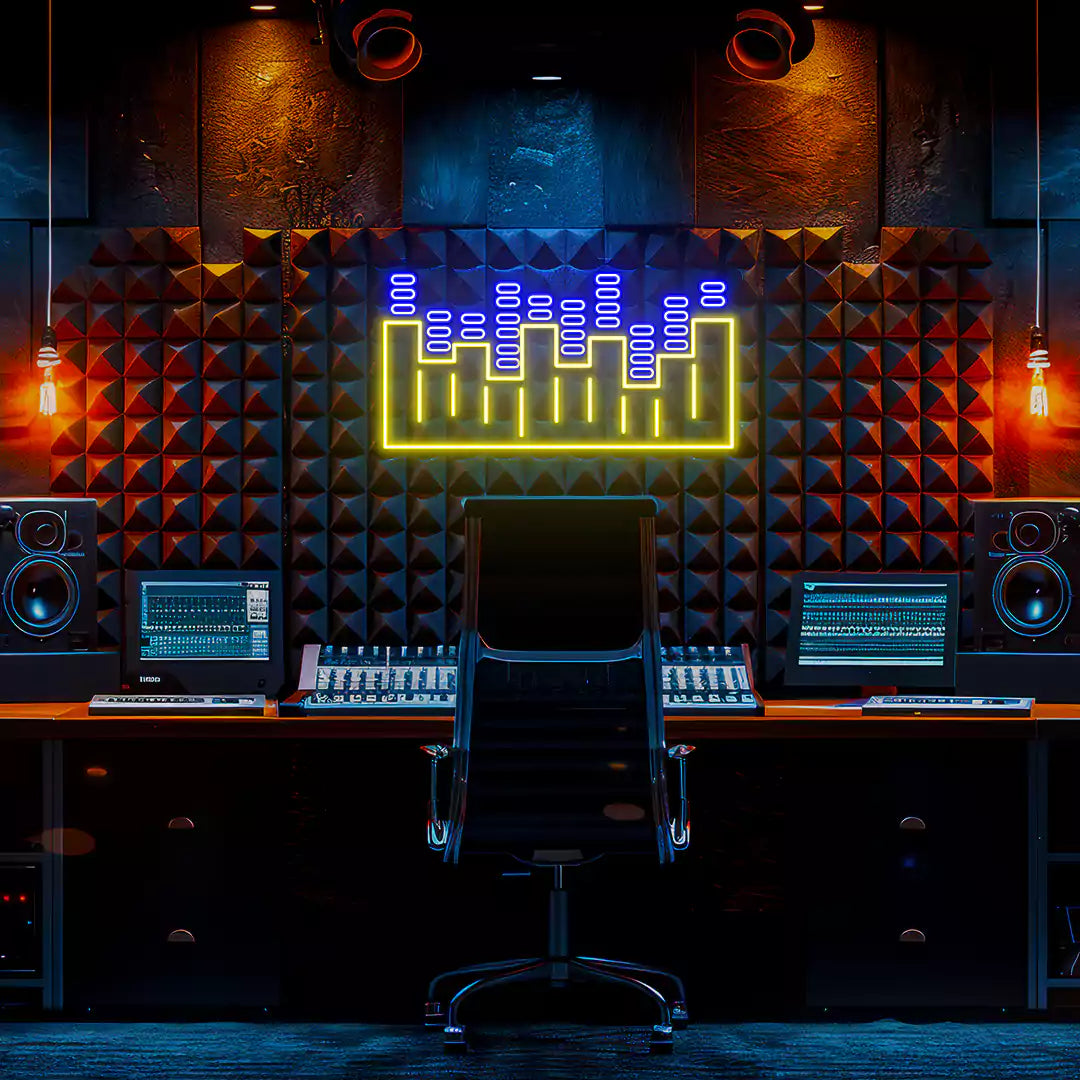 blue and yellow sound wave neon sign mounted on a wall