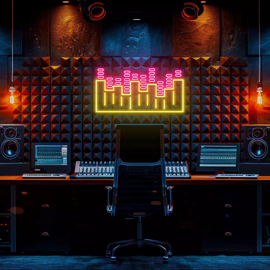 pink and yellow sound wave neon sign mounted on a wall