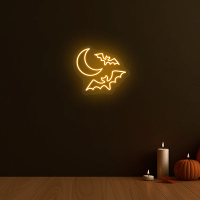 Moon and Bats Neon Sign | Orange