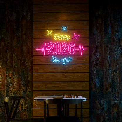 Happy 2026 New Year neon sign in pink yellow and blue lights mounted on a wooden wall