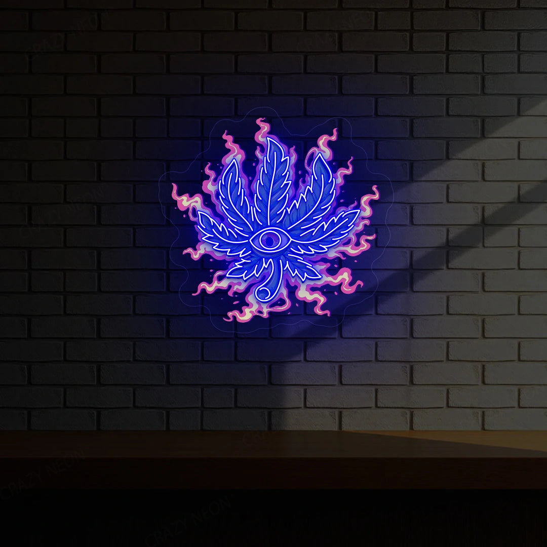 Trippy Weed Leaf Neon Artwork | Blue