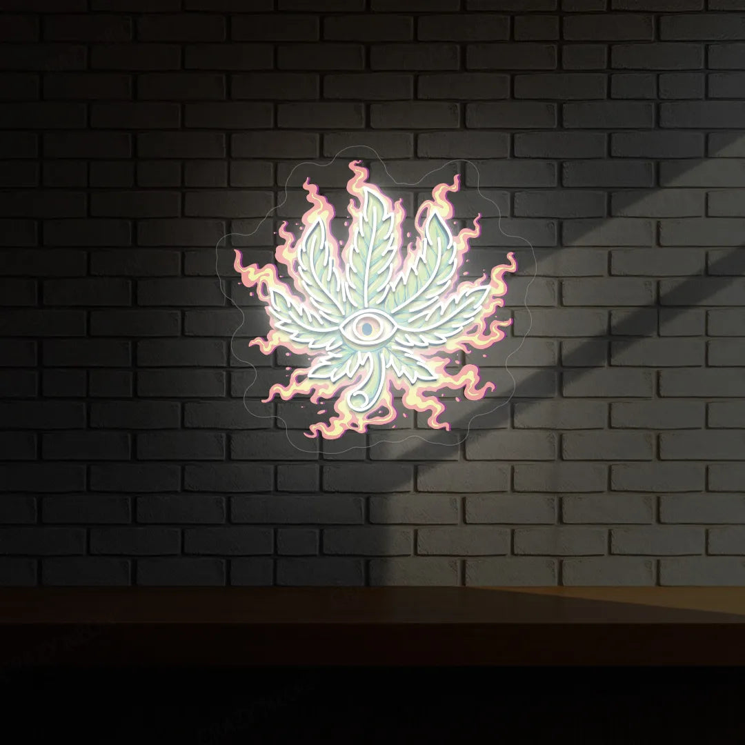 Trippy Weed Leaf Neon Artwork | White