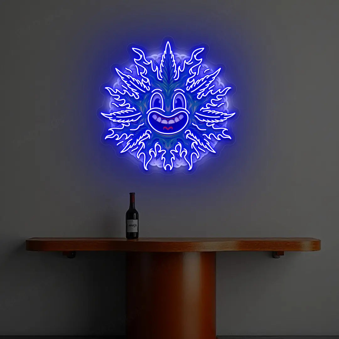 Weed Leaf With Smoke Neon Artwork | Blue