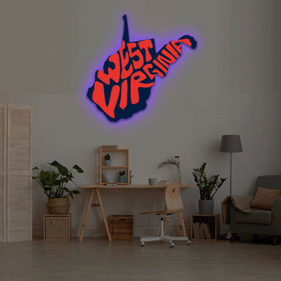 West Virginia map backlit metal wall art vinyl print with RGB color changing LED backlight