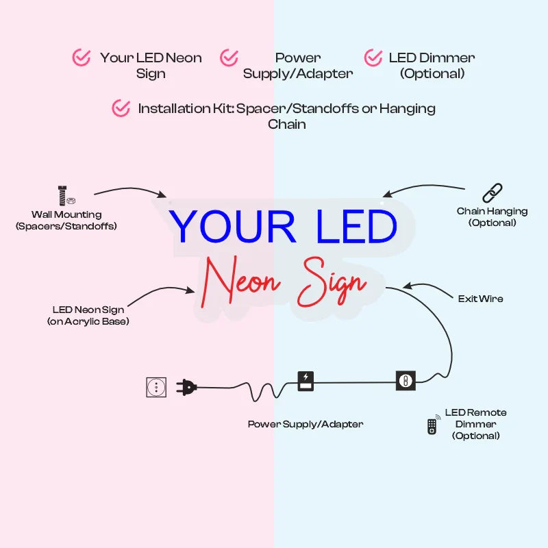 LED neon sign kit includes sign, adapter, installation kit, and optional dimmer for easy setup.