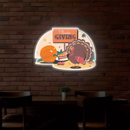 Thanksgiving turkey and pumpkin feast neon sign in white