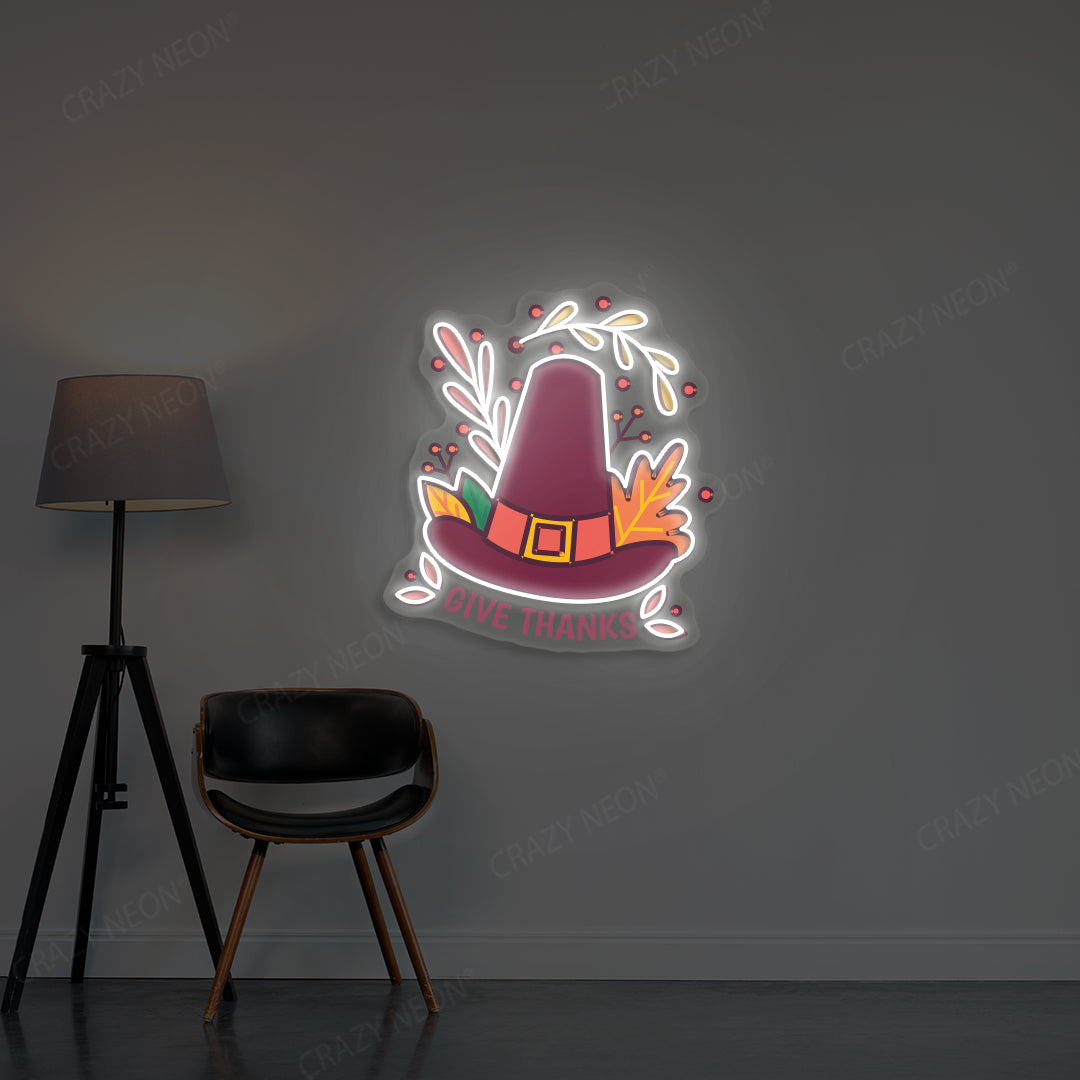 Shop Pilgrim Hat Give Thanks LED Neon Sign – Crazy Neon