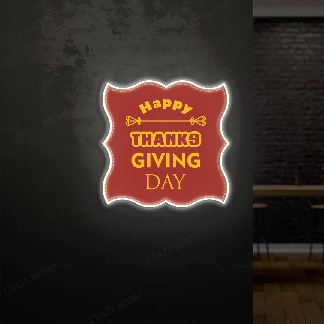 Grateful greetings happy thanksgiving day neon sign in white