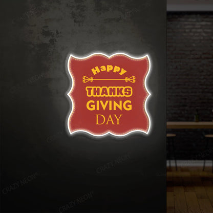 Grateful greetings happy thanksgiving day neon sign in white