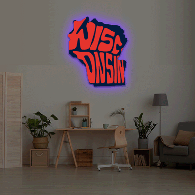 Wisconsin map backlit metal wall art vinyl print with RGB color changing LED backlight