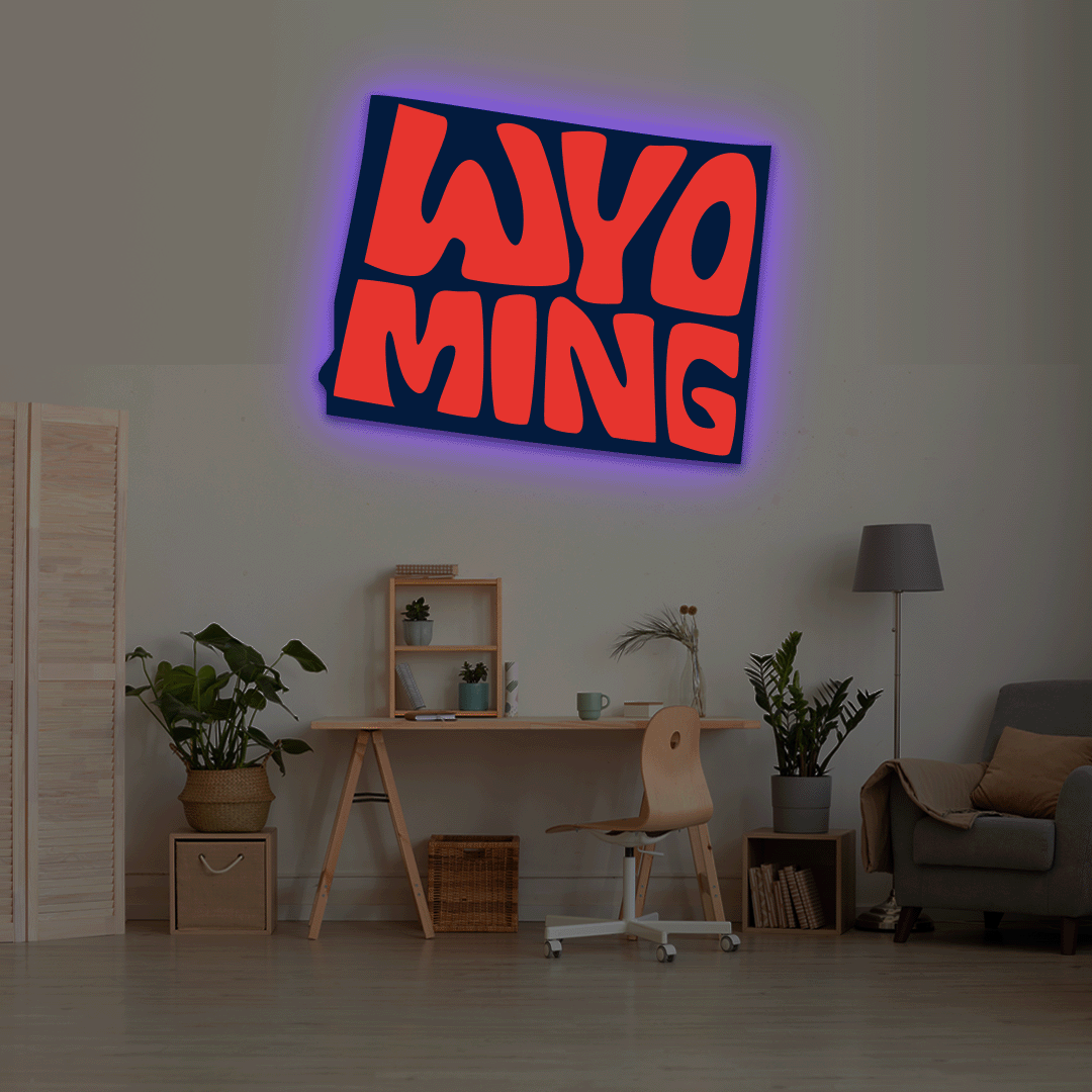 Wyoming map backlit metal wall art vinyl print with RGB color changing LED backlight