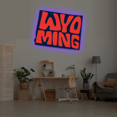 Wyoming map backlit metal wall art vinyl print with RGB color changing LED backlight