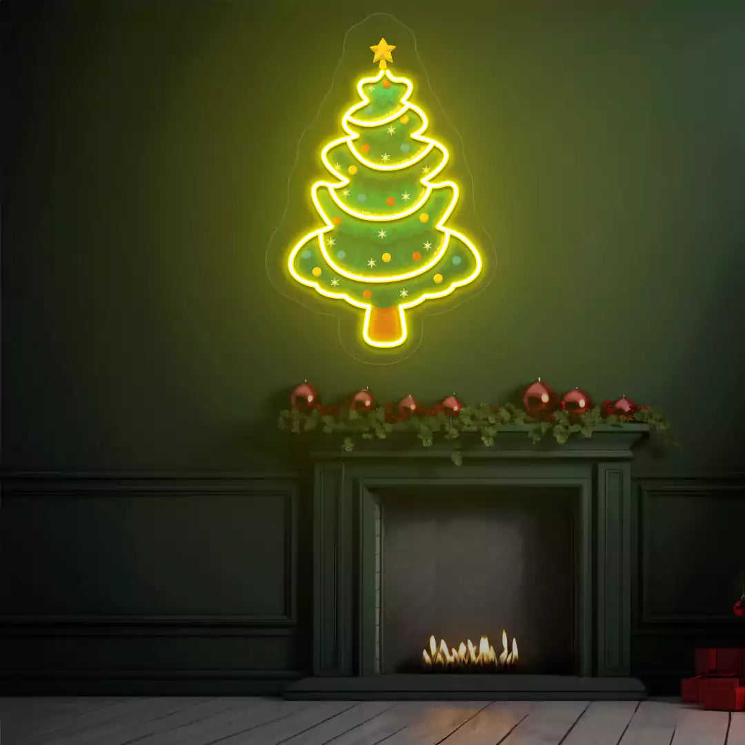 Star-Topped Christmas Tree Neon Artwork | Yellow