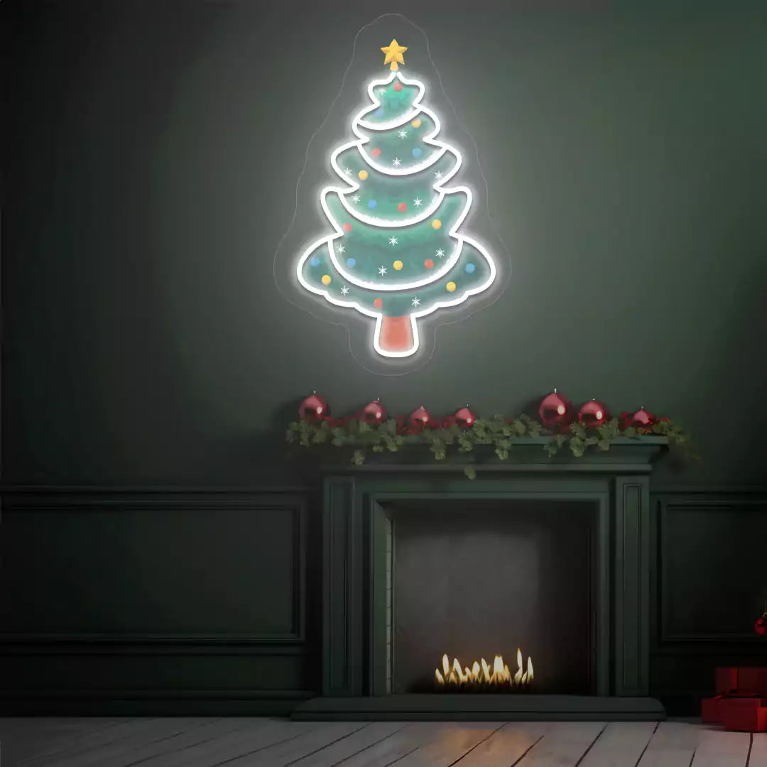 Star-Topped Christmas Tree Neon Artwork | White