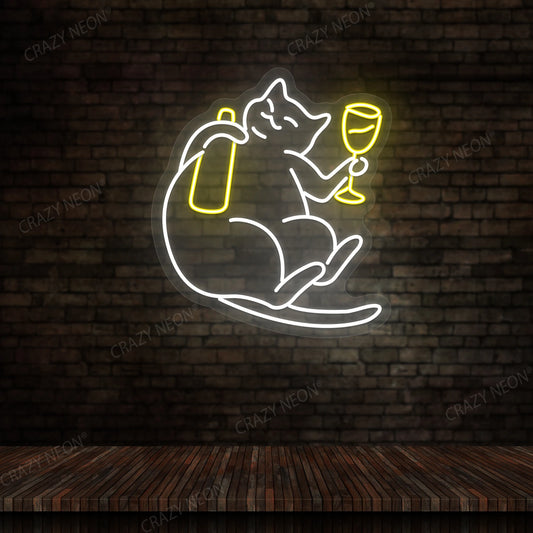 Cat Drinking Wine Multicolor Neon Sign | Yellow