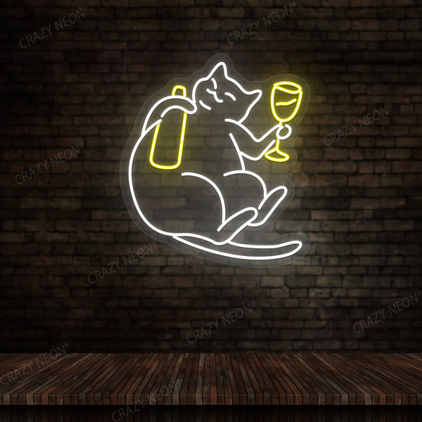Cat Drinking Wine Multicolor Neon Sign
