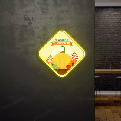 Happy thanksgiving pumpkin and fruits neon sign in yellow