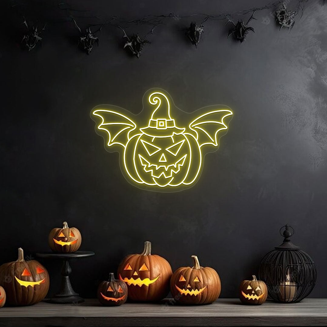 Scary Pumpkin With Hat And Wings Neon Sign | CNUS017640