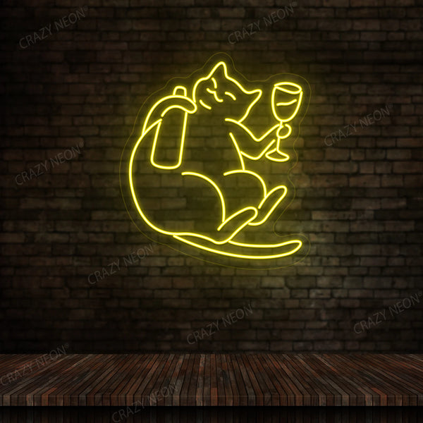 Cat Drinking Wine Neon Sign