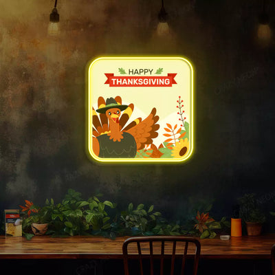 Turkey pilgrim happy thanksgiving neon sign in yellow