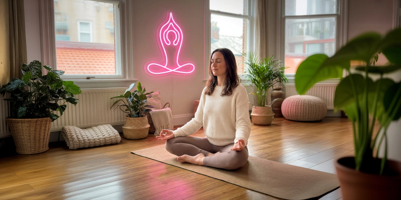 Pink yoga pose neon sign on wall behind woman meditating in cozy plant filled home yoga studio