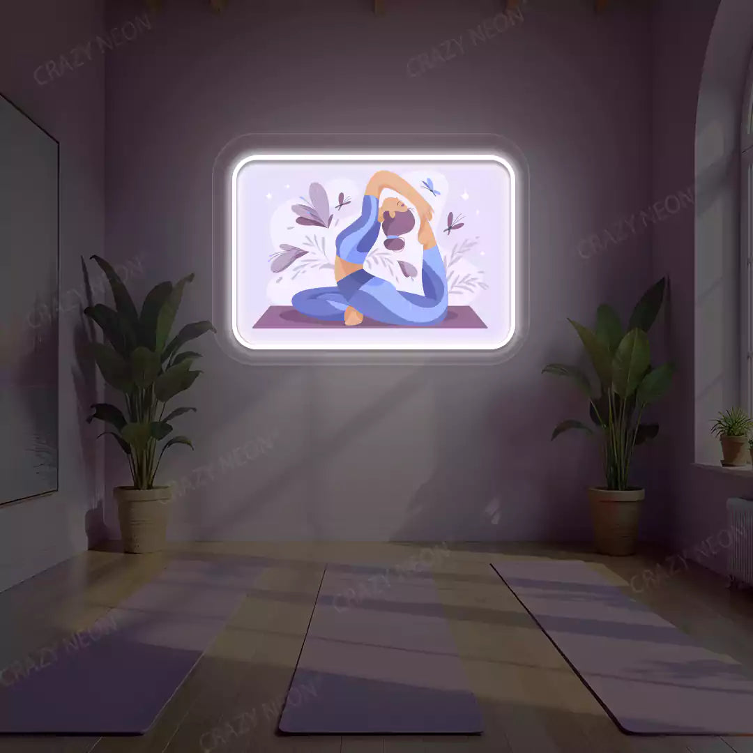 Rajakapotasana Yoga Neon Artwork lighting up in white color in a yoga room