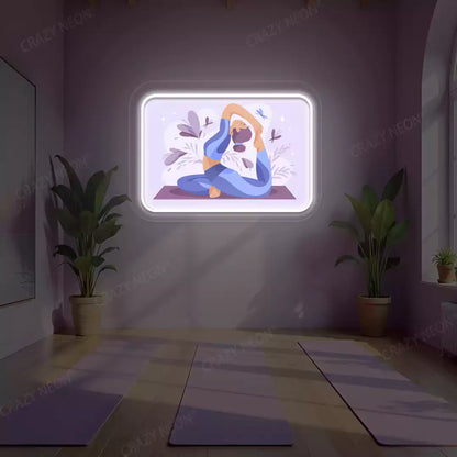 Rajakapotasana Yoga Neon Artwork lighting up in white color in a yoga room