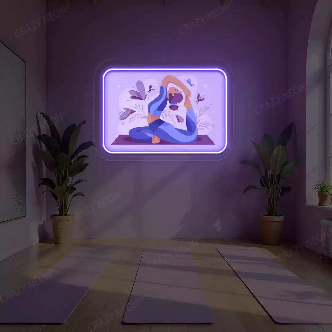 Rajakapotasana Yoga Neon Artwork lighting up in purple color in a yoga room