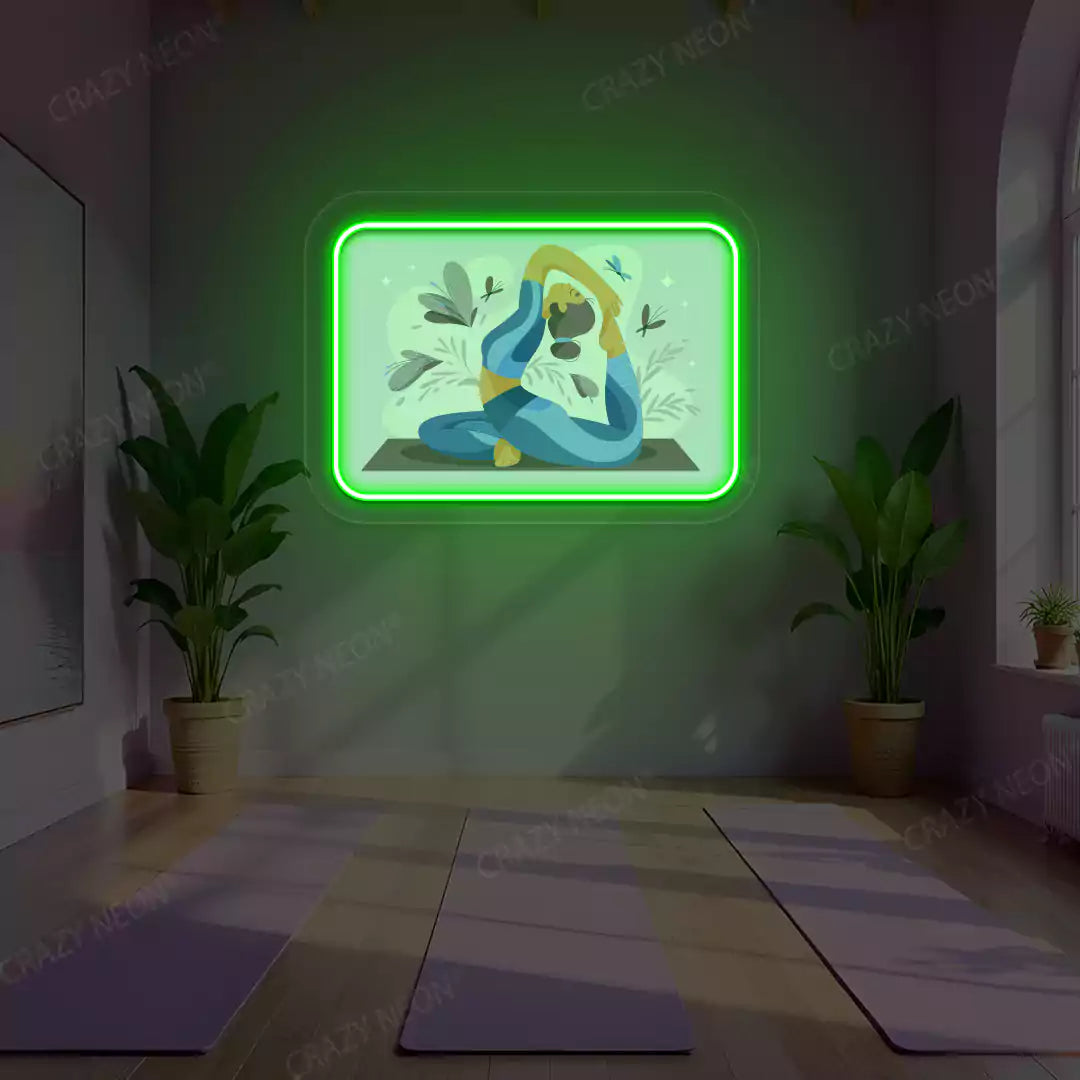 Rajakapotasana Yoga Neon Artwork lighting up in green color in a yoga room