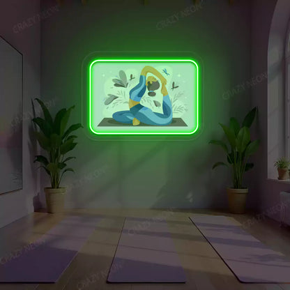 Rajakapotasana Yoga Neon Artwork lighting up in green color in a yoga room