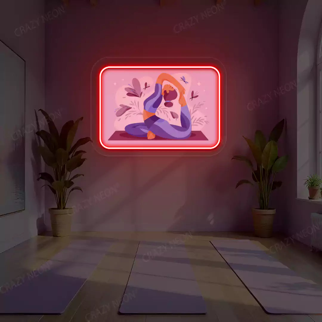 Rajakapotasana Yoga Neon Artwork lighting up in red color in a yoga room