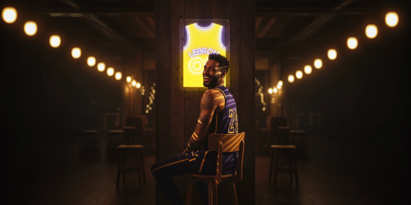 Smiling man wearing 26 basketball jersey sitting in bar with yellow LeBron James 06 neon jersey sign on the wall