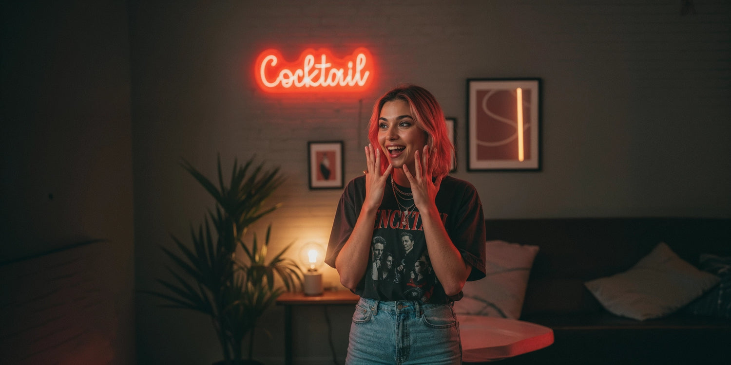 Smiling woman with pink hair in t-shirt and jeans standing in lounge under red Cocktail neon sign with modern decor