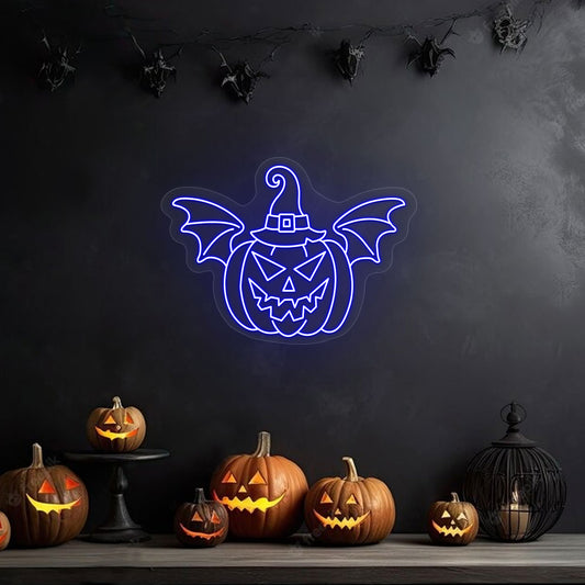 Scary Pumpkin With Hat And Wings Neon Sign | CNUS017640