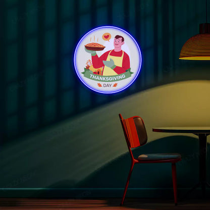 Thanksgiving chef with fresh baked pie neon sign in blue