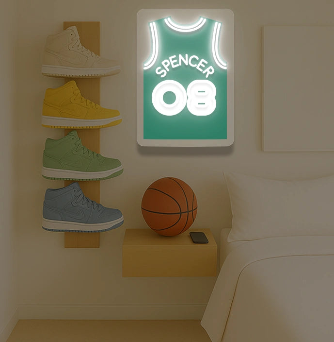 Boston basketball jersey neon sign with SPENCER 08 in green and white, bedroom sneaker rack and basketball decor