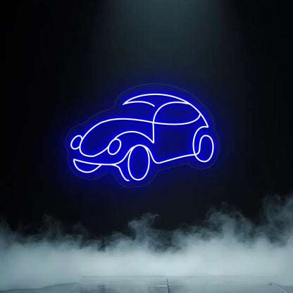 blue old school beetle car vintage neon sign mounted on a wall