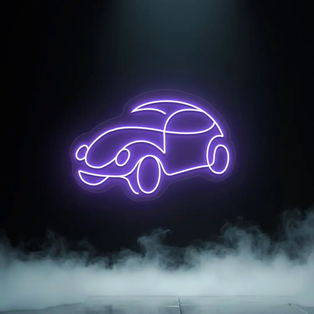 purple old school beetle car vintage neon sign mounted on a wall
