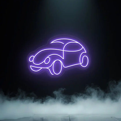 purple old school beetle car vintage neon sign mounted on a wall